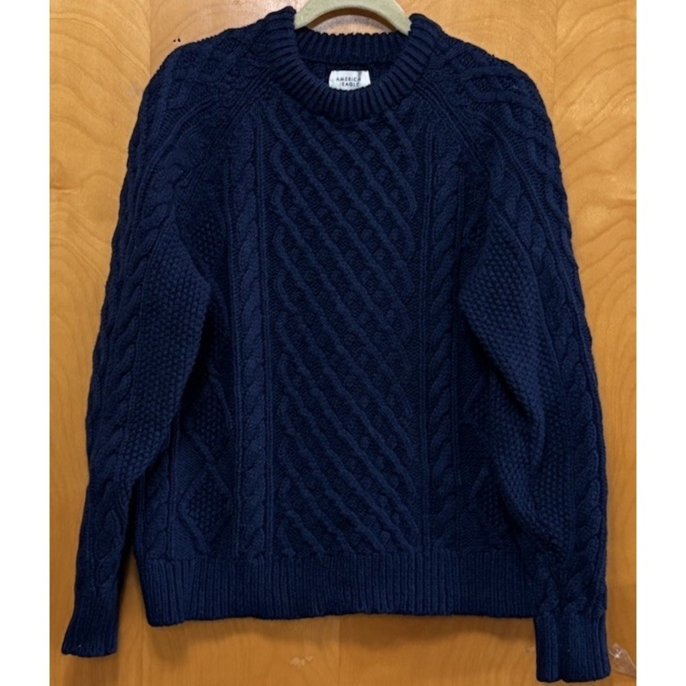 American Eagle Mens Wool Blend Chunky Cable Knit Fisherman Grandpa Preppy Navy M